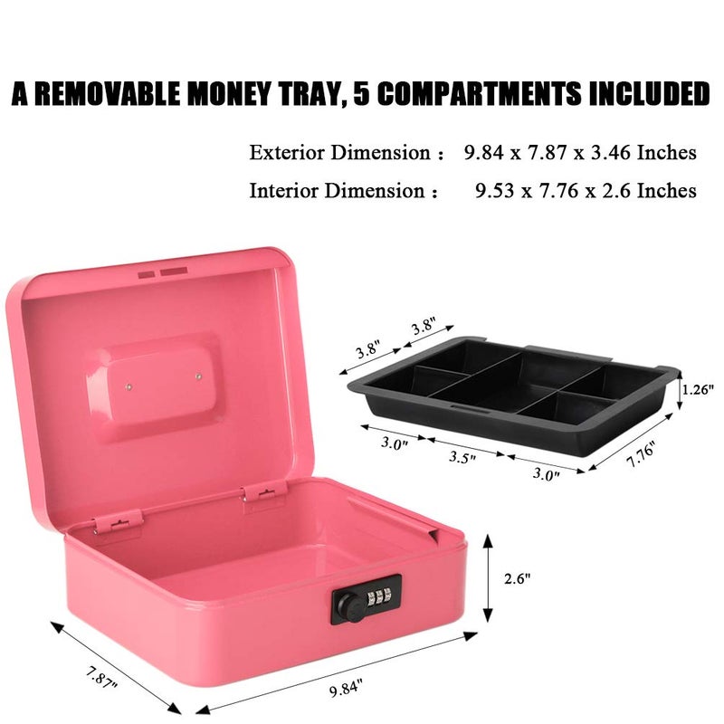 Jssmst Large Cash Box with Combination Lock - Durable Metal Cash Box with Money Tray Pink (9.8 x 7.9 x 3.5), SM-CB07004L, SM-CB014 - Image 4